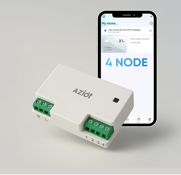 AZIOT 4 Node Smart Switch - WiFi/Bluetooth Communication - Made in India - Timer Function - Voice Command (4 Node)